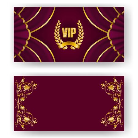 Set of vip card, invitation with laurel wreath, ribbon. Decorative gold emblem on maroon background, drapery fabric. Filigree element, frame, border, icon for web, page design in vintage styleのイラスト素材