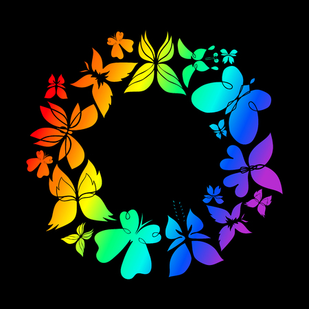 butterfly colorfull round frame, rainbow colors, dark backgroundのイラスト素材