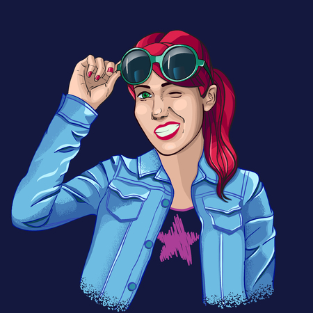 red hair girl with sunglasses and a jean jacket winksのイラスト素材