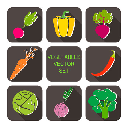 vegetables icon flat set with onion,carrot, broccoli, radish,cabbage, beet and pepperのイラスト素材