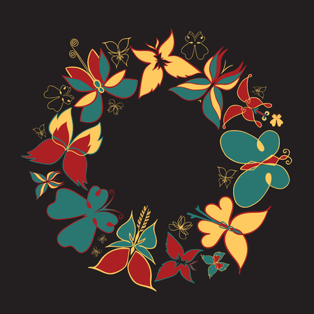 butterfly colorful round frame, dark vintage backgroundのイラスト素材