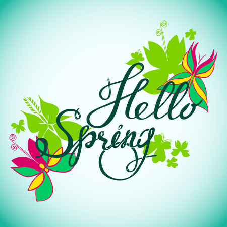 Hand drawn lettering "Hello spring" on butterfly backgroundのイラスト素材