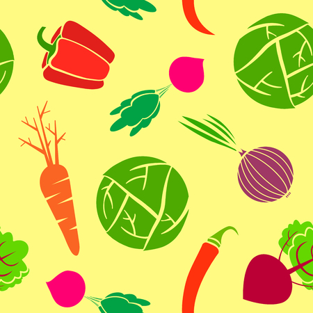 vegetables seamless pattern with onion,carrot, broccoli, radish,cabbage, beet and pepper. Use for apron, tablecloth, kitchen items, potholdersのイラスト素材