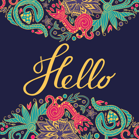 lettering Hello on floral doodle dark blue background,  flourish border, place for textのイラスト素材