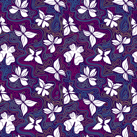 Butterfly seamless pattern, colorful background with white butterflies and color curly lines, butterflies vector, Eps 8のイラスト素材