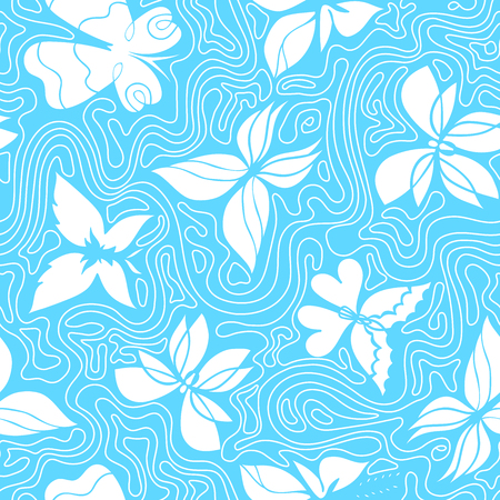 Vector hand-drawn seamless pattern with butterflies and waves, blue background with butterflies and wavy lines, can be used for design fabric, wrapping paper, wallpaper, EPS 8のイラスト素材