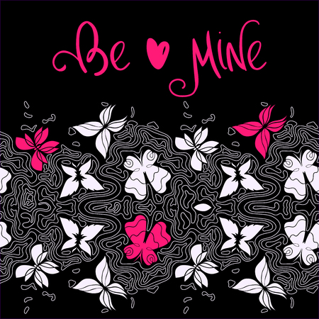 Abstract horisontal wavy border, seamless pattern with butterflies and lines, hand-drawn curly lines vector, hand lettering Be Mine Eps 8のイラスト素材