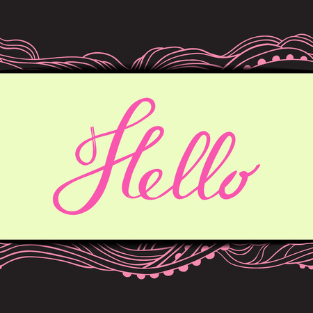 Abstract horizontal border with seamless waves, pink hand-drawn frame with place for text, lettering Hello, can be used for invitations, postcards, flyers, cups, cards, Eps 10のイラスト素材