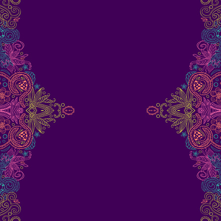 Floral hand-drawn pattern with place for text, flourish doodle border on purple background, EPS 8のイラスト素材