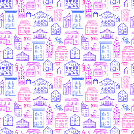 Seamless hand-drawn pattern, cute colorful background with houses, purple and pink nice buildings, good for design fabric, wrapping paper, print design, postcardsのイラスト素材