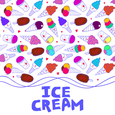 Seamless horizontal border, colorful ice cream pattern, hand-drawn summer background with place for text, Ice Cream hand lettering vectorのイラスト素材