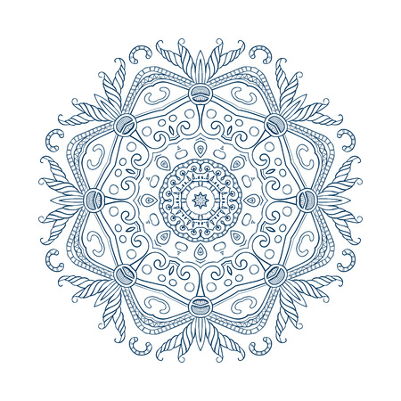 Hand-drawn outline mandala for coloring, lace ornament round pattern, vintage decorative element, monochrome contour mandalaのイラスト素材