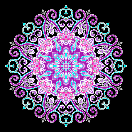 hand-drawn oriental mandala, ethnic doodle mandala with colorful purple and blue ornamentのイラスト素材