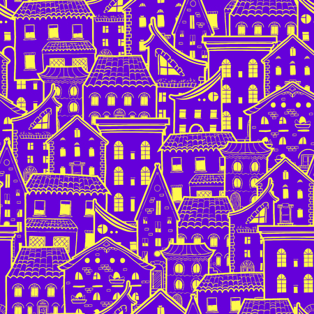 Seamless pattern with houses, doodle house vector background, good for design fabric and wrapping paper,のイラスト素材