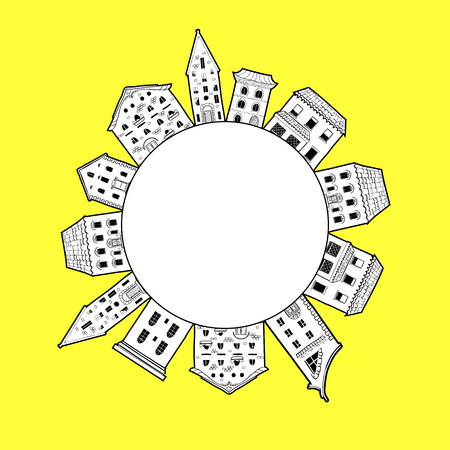 Cute round border made of houses with place for text, hand-drawn frame on yellow background, can be used for invitations, postcards, flyers, cup, card, Eps 10のイラスト素材