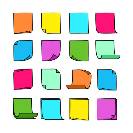 Vector colored stick notes, collection of colorful hand-drawn sheets of note paper with place for...