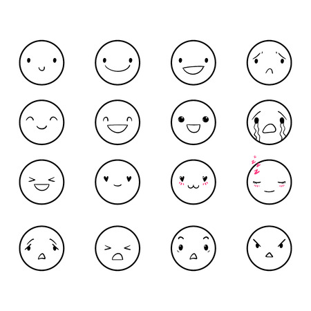Vector set of emoticons, doodle hand-drawn smiley icons, isolated on white background, different emotions, smile, happy, cry, EPS 8のイラスト素材
