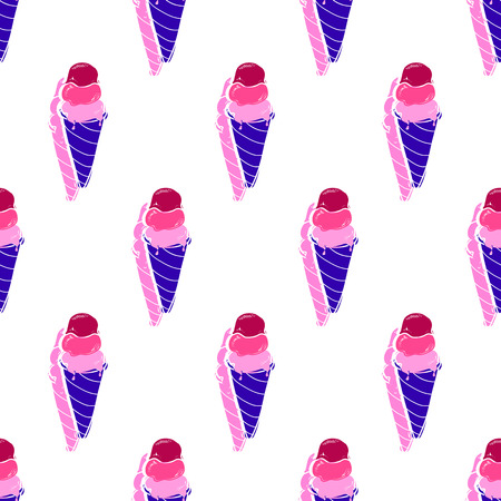 Seamless cute ice cream triple cone pattern, hand-drawn colorful summer food vectorのイラスト素材