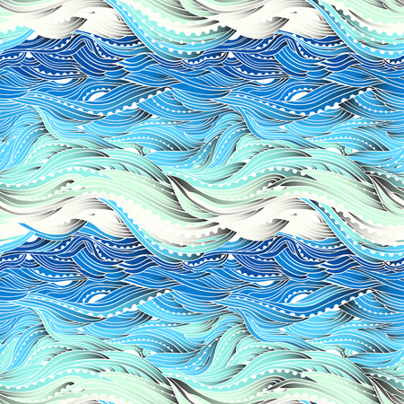 Abstract seamless water pattern, hand-drawn waves vector, blue wave background, sea patternのイラスト素材