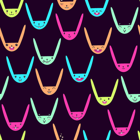 Bright color seamless pattern with cute Easter bunny faces with happy and lovely emotions, hand-drawn rabbits with various expressions, EPS 10のイラスト素材