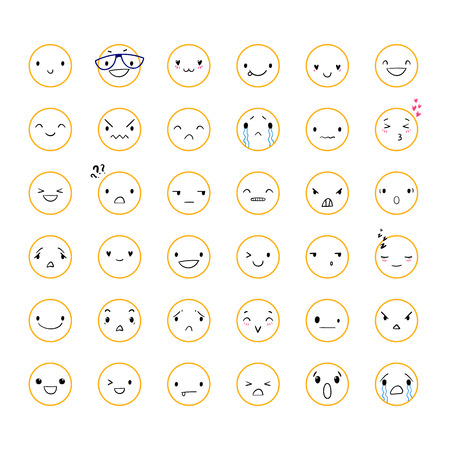 36 Doodle emoticons with different emotions, vector set of various hand-drawn outline cute expressionsのイラスト素材