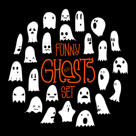 Big black and white set of cartoon spooky scary ghosts character, hand-drawn ghosts with various expressions, funny night symbol for halloween celebration, round frame, isolated,のイラスト素材