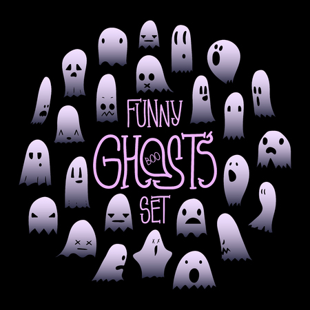 Big set of cartoon spooky scary ghosts character, hand-drawn ghosts with various expressions, funny night symbol for halloween celebration, round frame, isolated,のイラスト素材