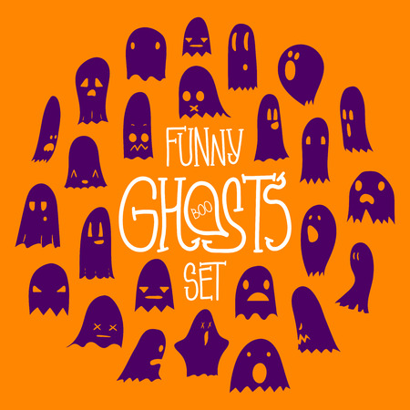 Big orange and purple set of cartoon spooky scary ghosts character, hand-drawn ghosts with various expressions, funny night symbol for halloween celebration, round frame, isolated,のイラスト素材