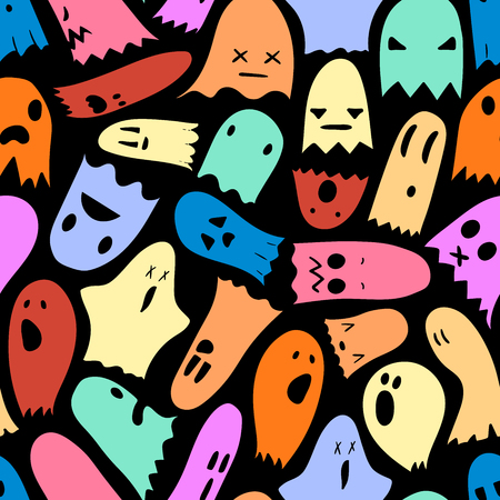 Seamless colorful Halloween pattern, hand-drawn ghosts pattern with funny expressions, halloween characters in cartoons styleのイラスト素材