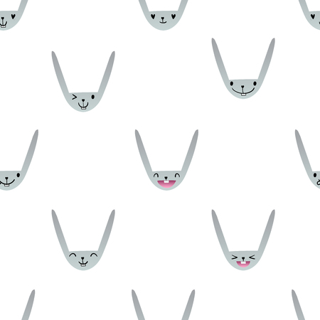 Pattern with cute Easter bunny faces with happy and lovely emotions, hand-drawn gray rabbits with various expressions, EPS 10のイラスト素材