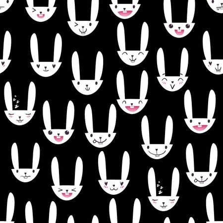 Seamless pattern with cute bunny faces with happy and lovely emotions.  white rabbits with various expressions.のイラスト素材