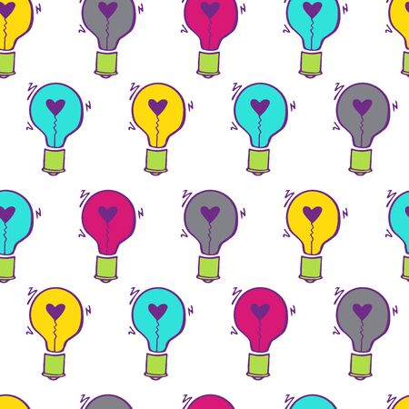 Light Bulb with heart seamless vector pattern. Hand drawn doodle colorful fun background with bulbs. Creative invention, innovation and idea concept. Love symbol. For website design,wallpaper,textile.のイラスト素材