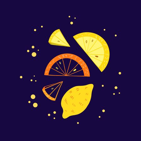 Lemon and orange slice vector illustration. Citrus fruit poster in colorful cartoon style. Juicy tasty appetizing pre-made card. Fruit composition for food design.のイラスト素材