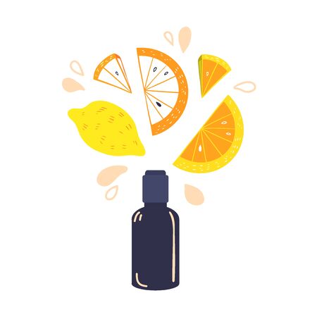 Natural Homemade Citrus Cosmetics. Vial and lemon slices vector illustration. Hand made beauty products with lemon fruit. Cosmetic made at home concept.のイラスト素材
