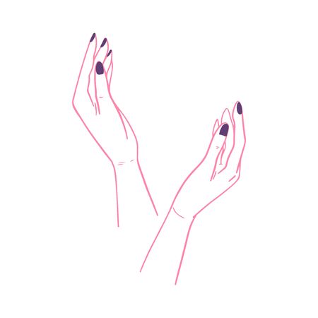 Two hands vector icon. Female cupped hand. Support, care, protection hand gesture. Linear style illusatration isolated on white background.のイラスト素材