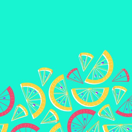 Slices of orange and lemon seamless frame. Citrus fruit border in colorful cartoon style. Juicy tasty appetizing illustration. Vector light blue wallpaper for food design and textile.のイラスト素材