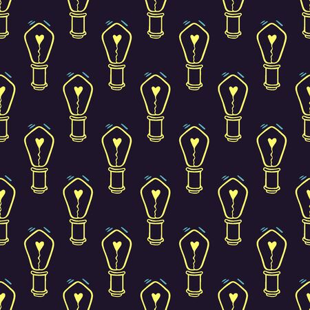 Light Bulb with heart inside seamless vector pattern. Hand drawn doodle bulbs. Yellow outline linear lightbulb on the black background. Creative invention, innovation and idea concept.のイラスト素材