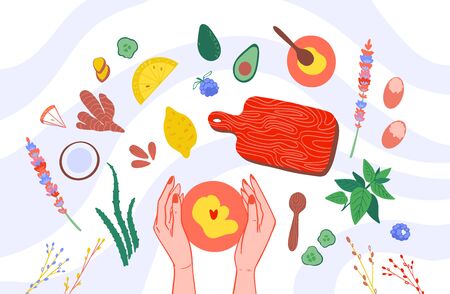 Flat lay natural cosmetics ingredients. Top down view of homemade organic cosmetic. Hand made beauty products. Cosmetic made at home concept. EPS 8 vectorのイラスト素材