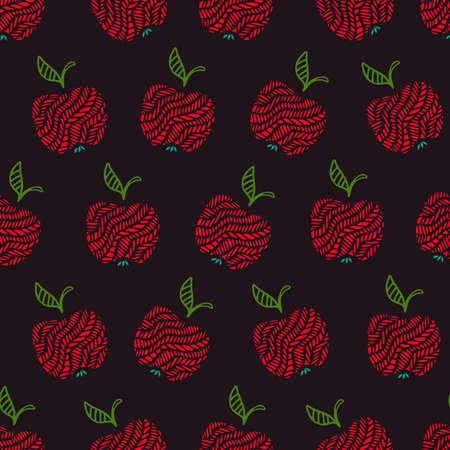 Delicious red apple seamless pattern. Hand drawn abstract apples fruit in elegant decorative style on black background. Food design for kitchen, apron and tablecloth. Good for fabric and textile.のイラスト素材