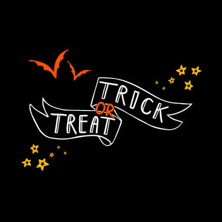 Halloween doodle ribbon with trick or treat lettering. Spooky and fun hand drawn icon elements for halloween decorations and sticker. EPS 8のイラスト素材