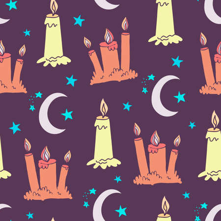 Wax candle and Moon seamless pattern. Burning wax light in church vector illustration. Hand drawn glim and crescent wallpaper. Religion and faith concept.のイラスト素材