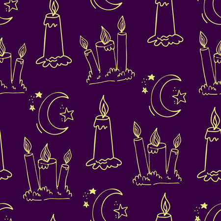 Wax candle and Moon seamless pattern. Burning wax light in church vector illustration. Hand drawn glim and crescent wallpaper. Religion and faith concept.のイラスト素材