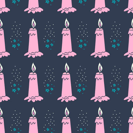 Colorful wax candle seamless pattern. Burning wax light vector illustration. Hand drawn glim wallpaper. Birthday celebration party design. EPS 8のイラスト素材