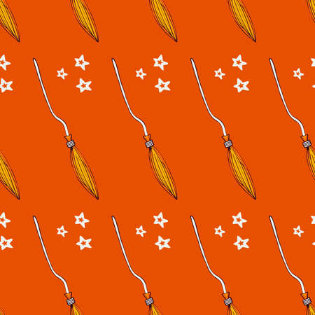 Witch broom vector seamless pattern. Witchy background for halloween design. Magic and witchcraft concept. EPS 8.のイラスト素材