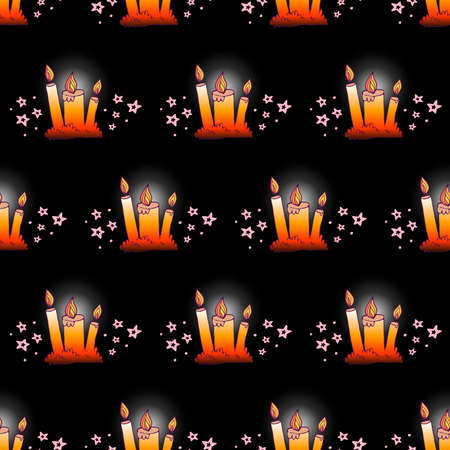 Burning wax candle seamless pattern. Glowing light in church vector illustration. Hand drawn glim wallpaper. Religion and faith concept.のイラスト素材