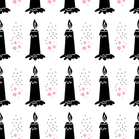 Wax candle silhouette seamless pattern. Burning wax light in church vector illustration. Hand drawn glim wallpaper. Religion and faith concept.のイラスト素材