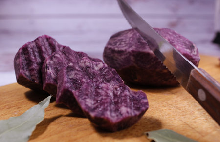 Close-up on blue potatoes, Fresh vegetables for excellent immunity. Vitamin C and antioxidant. healthier nutrition.の写真素材