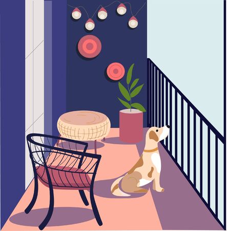 The dog is sitting on the balcony. Beautiful interior. Vacation concept on the balcony. Flat vector illustration.のイラスト素材