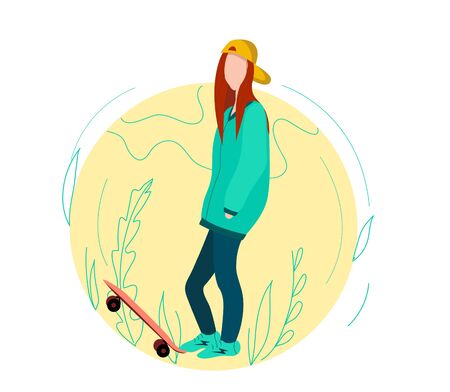 Girl and a skateboard. Flat vector illustration. Cartoon characterのイラスト素材