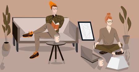 Family Spending Time at Home. Busy men Sitting on Sofa in Living Room. Woman sitting on the floor and working on a laptop. Vector Flat Illustrationのイラスト素材